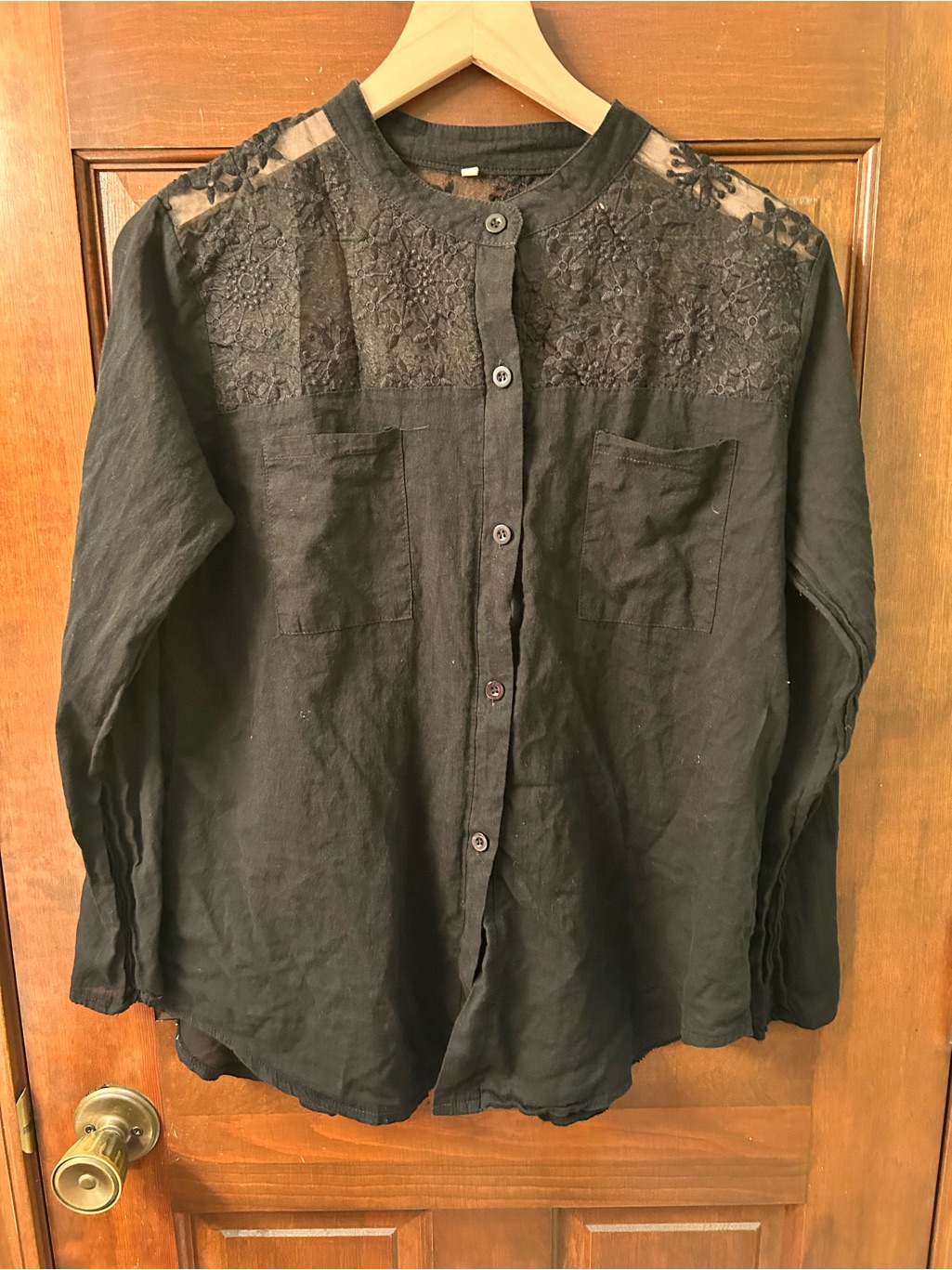 Cute Black Lace Yoke Button-Up Shirt, No Brand Tag. Size M